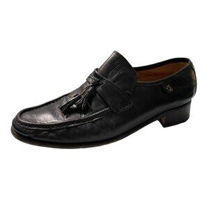 French Shriner Mens Vintage Black Leather Tassel Slip On Dress Loafer Shoes 7.5